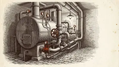 Gravure : une chaufferie industrielle, gros ballon rivé, réseau de tuyauteries, vannes à volant et manomètres sous une lampe suspendue.