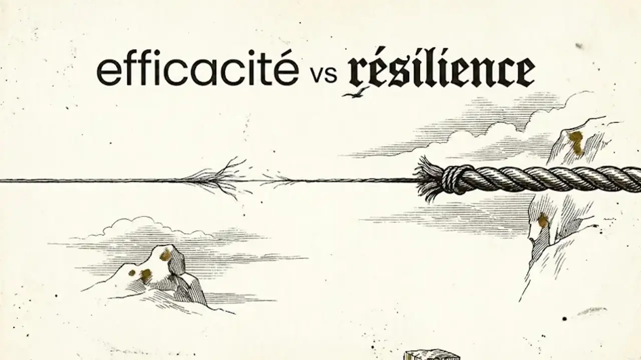 Gravure : un fil unique rompu à gauche, une corde tressée intacte ancrée dans la roche à droite, avec le titre « efficacité vs résilience » en surimpression.